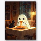 Paint by numbers design of ghost, spaghetti, glowing ghost, starry night window