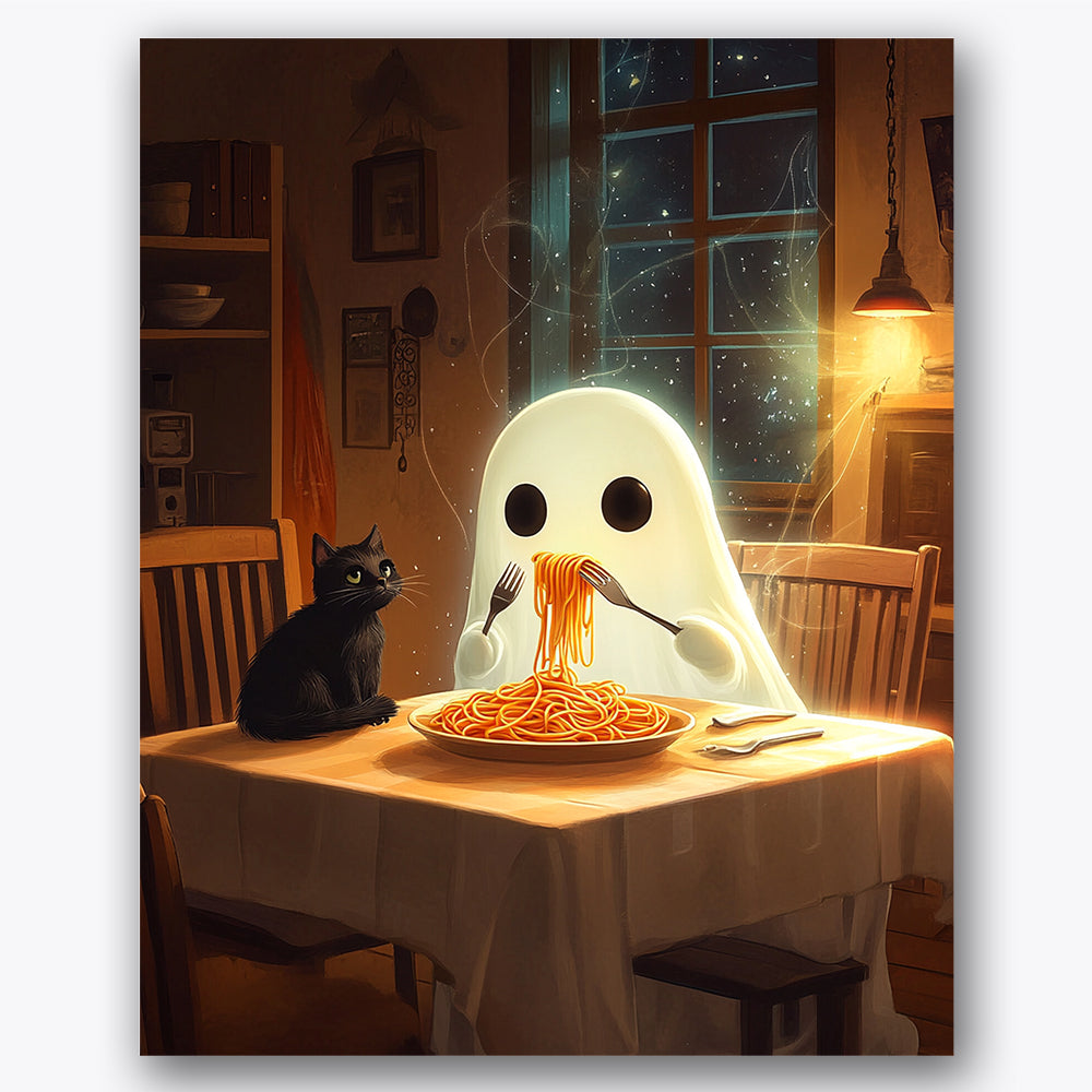 Paint by numbers design of ghost, spaghetti, glowing ghost, starry night window