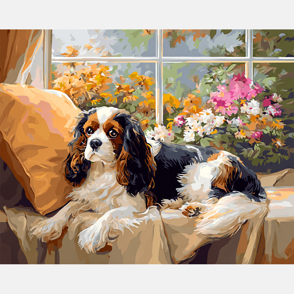 Spaniel In Autumn Light Paint by Numbers Kit design preview showing the full artwork layout before painting