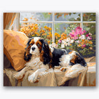 Paint by numbers design of Spaniel, window flowers, tricolor spaniel coat, large window view