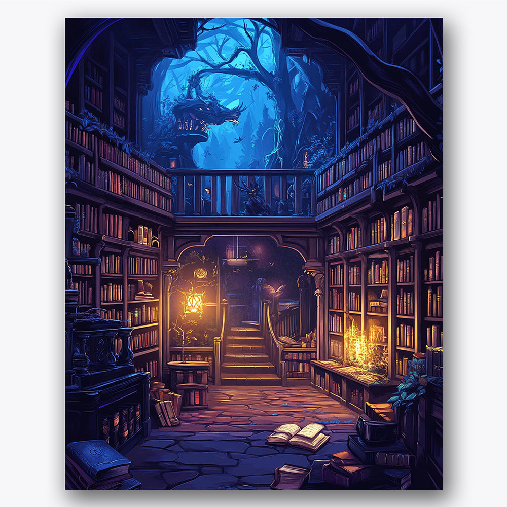 Paint by numbers design of library, blue forest, glowing blue forest, cascading bookshelves