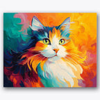 Paint by numbers design of cat, vivid orange hues, striking green eyes