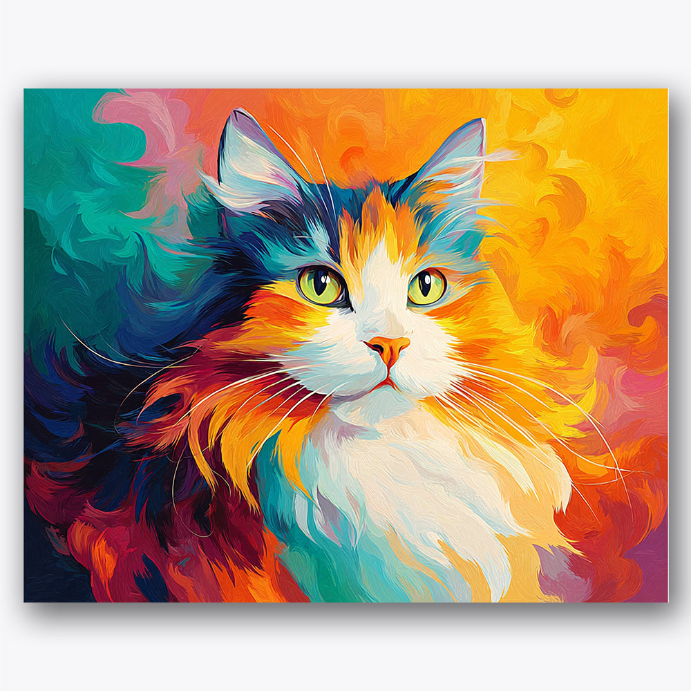 Paint by numbers design of cat, vivid orange hues, striking green eyes