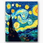 Paint by numbers design of night sky, village, swirling star patterns, vibrant blues and yellows
