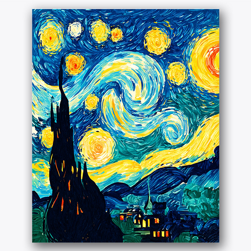 Paint by numbers design of night sky, village, swirling star patterns, vibrant blues and yellows