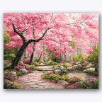 Paint by numbers design of cherry blossom, stone path, vibrant pink blossoms, winding stone path