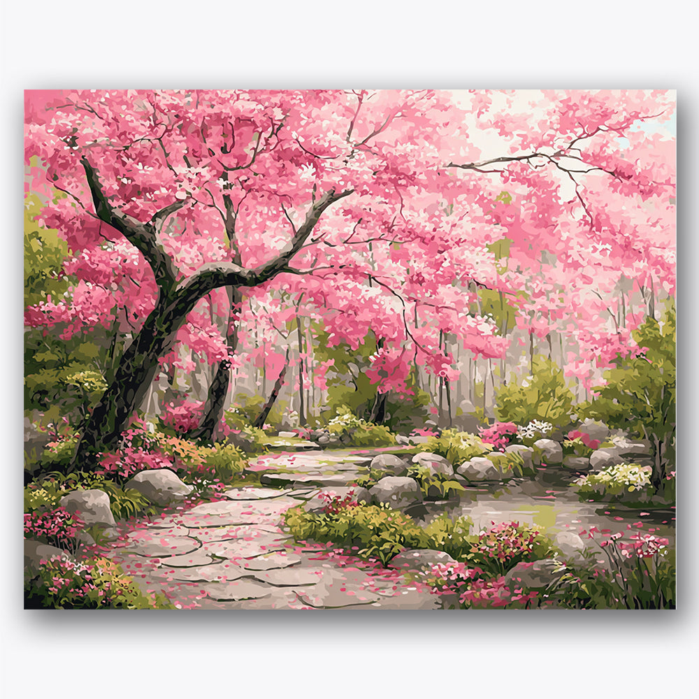 Paint by numbers design of cherry blossom, stone path, vibrant pink blossoms, winding stone path