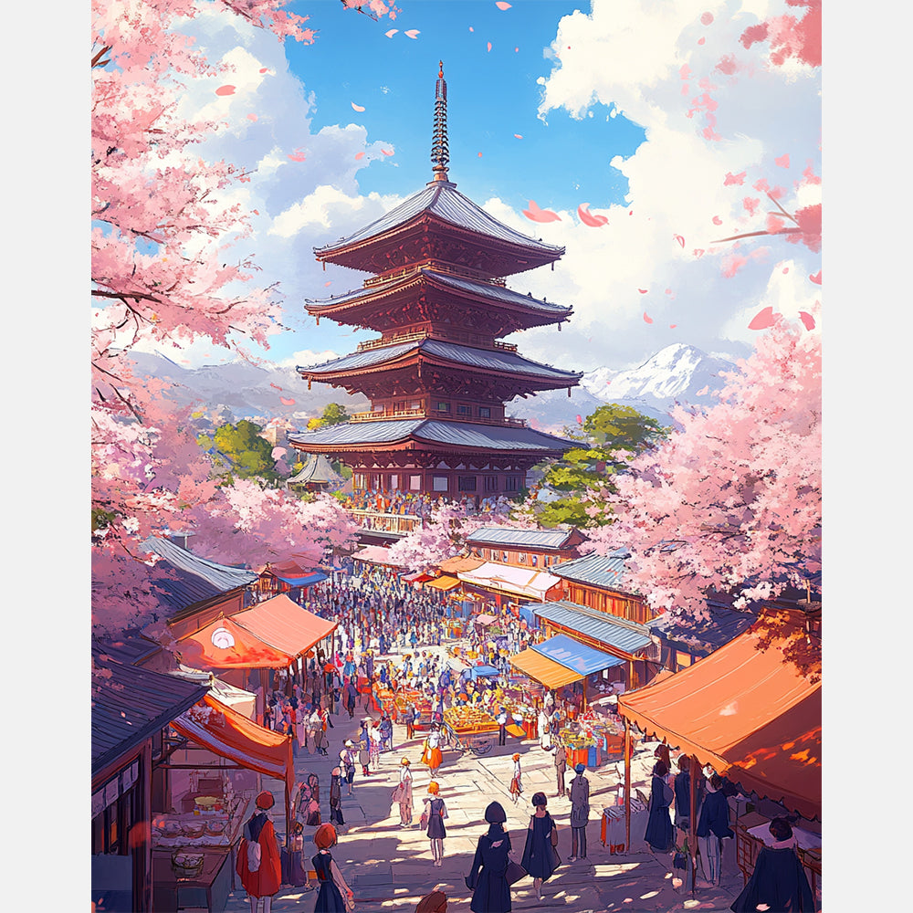 Spring Pagoda Paint by Numbers Kit design preview showing the full artwork layout before painting