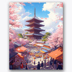 Paint by numbers design of Japanese pagoda, cherry blossoms, cherry blossom trees, traditional pagoda