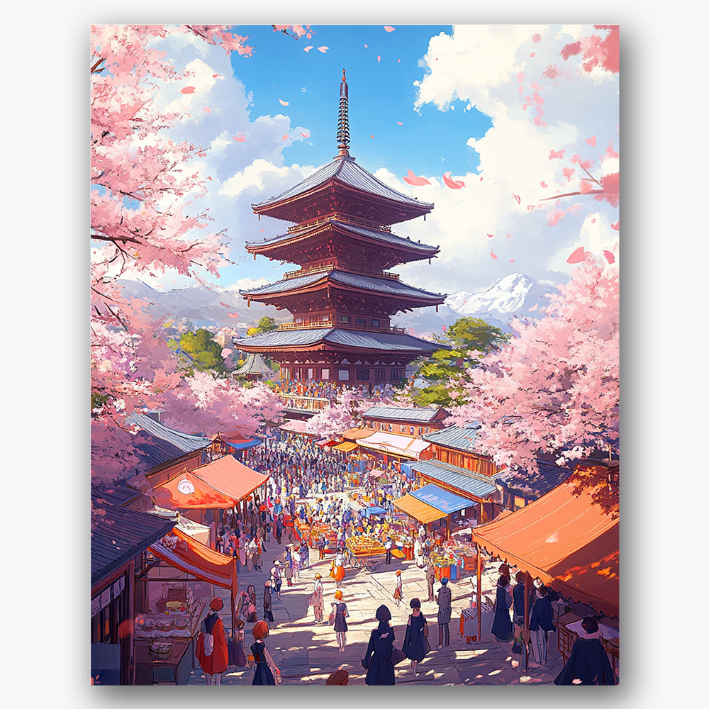 Paint by numbers design of Japanese pagoda, cherry blossoms, cherry blossom trees, traditional pagoda
