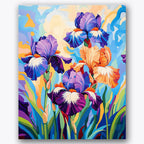 Paint by numbers design of irises, swirling background, purple and orange petals, swirling background