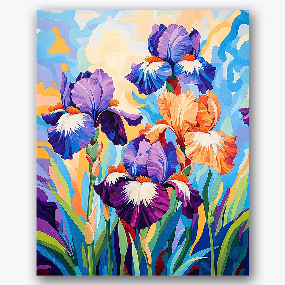 Paint by numbers design of irises, swirling background, purple and orange petals, swirling background