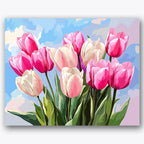 Paint by numbers design of tulips, leaves, vibrant pink petals, delicate white blooms