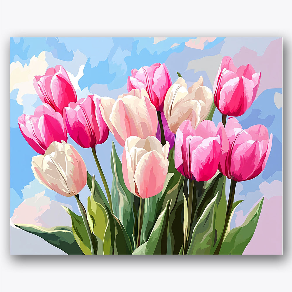 Paint by numbers design of tulips, leaves, vibrant pink petals, delicate white blooms