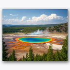 Paint by numbers design of geothermal spring, forest backdrop, vivid blue center, orange mineral deposits