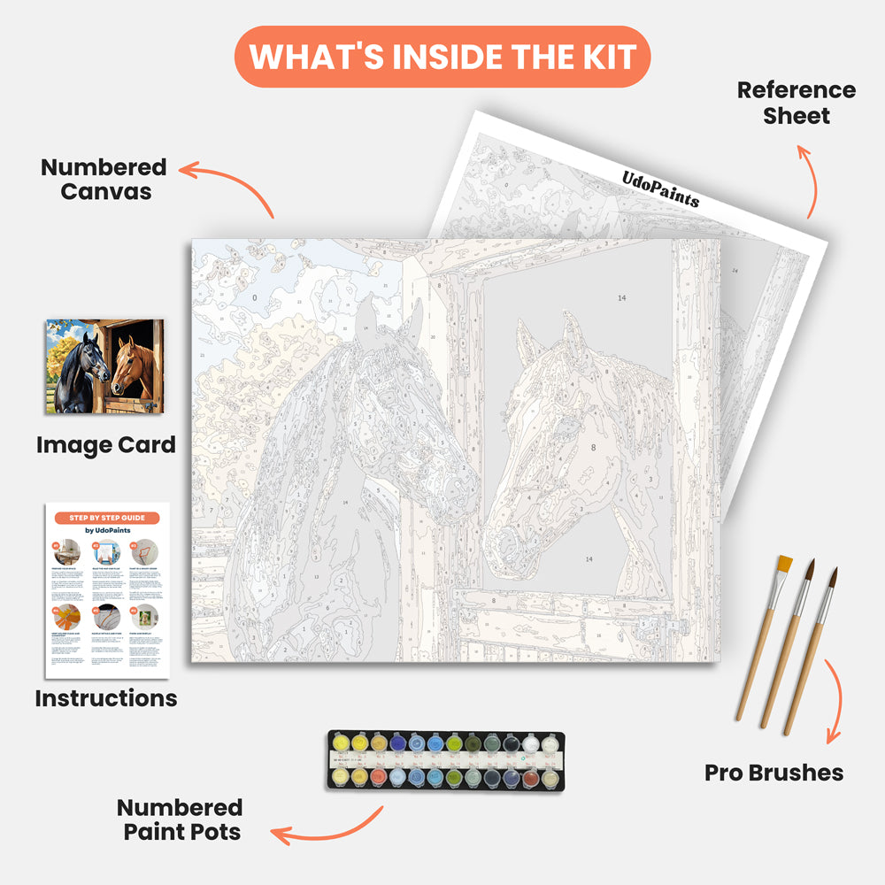 Stable Friends Paint by Numbers Kit – includes numbered canvas, paint pots, brushes, and instructions