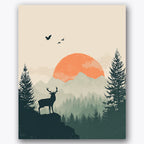 Paint by numbers design of deer, birds, deer silhouette, rising sun, A deer stands on a cliff