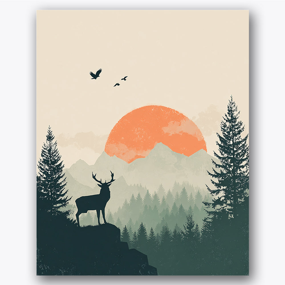 Paint by numbers design of deer, birds, deer silhouette, rising sun, A deer stands on a cliff