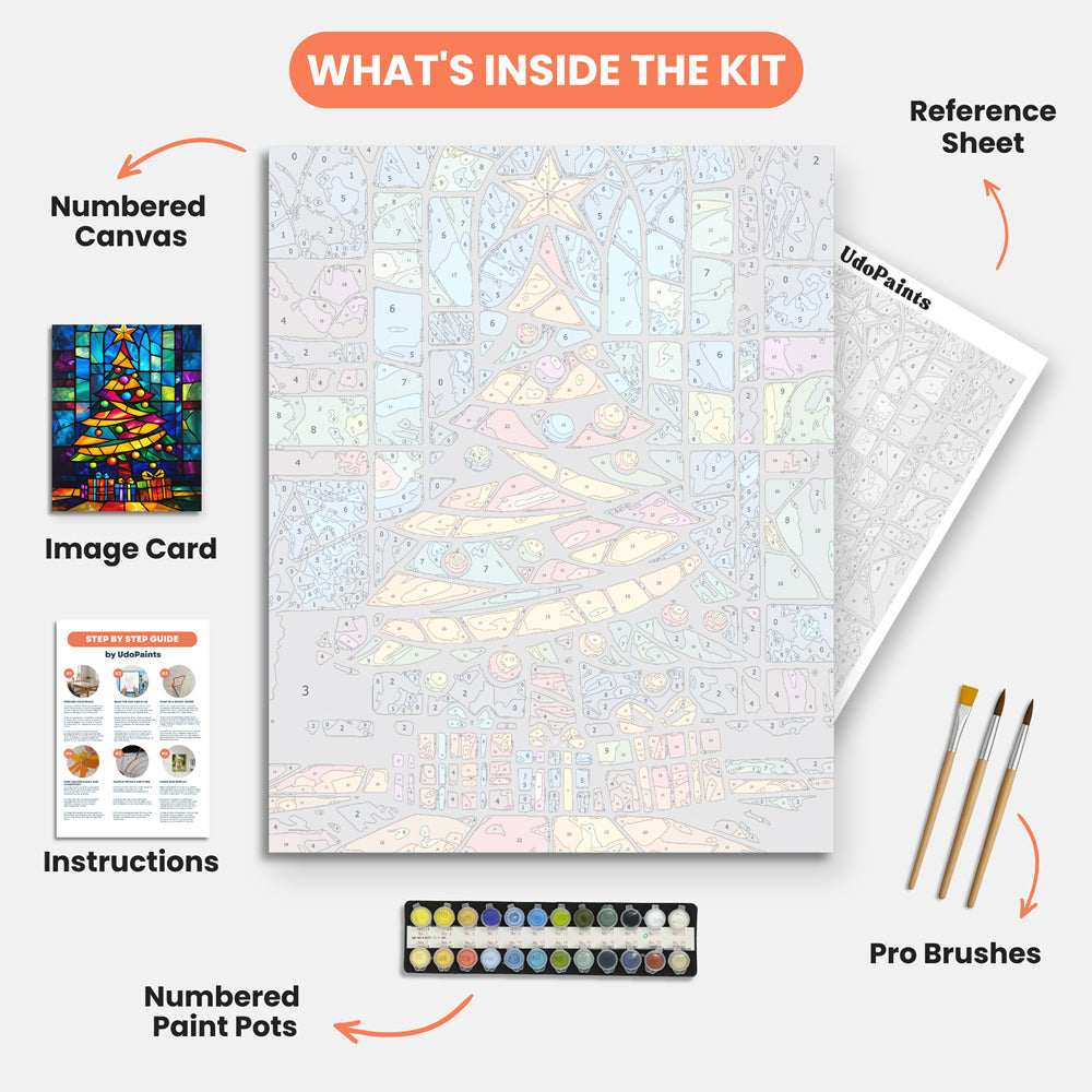 Stained-Glass Tree Paint by Numbers Kit – includes numbered canvas, paint pots, brushes, and instructions