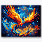 Paint by numbers design of phoenix, swirling flames, vibrant phoenix wings, swirling fiery tail