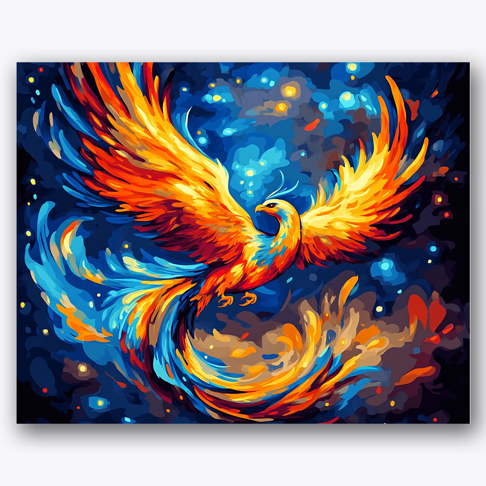 Paint by numbers design of phoenix, swirling flames, vibrant phoenix wings, swirling fiery tail