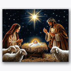 Paint by numbers design of nativity scene, holy family, bright guiding star, halo around baby