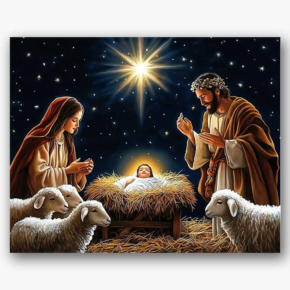 Paint by numbers design of nativity scene, holy family, bright guiding star, halo around baby