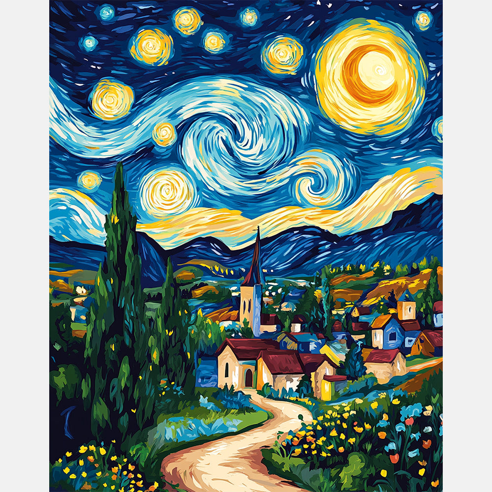 Starry Night Dream Paint by Numbers Kit design preview showing the full artwork layout before painting