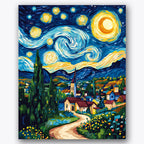 Paint by numbers design of starry sky, village, swirling night sky, village rooftops