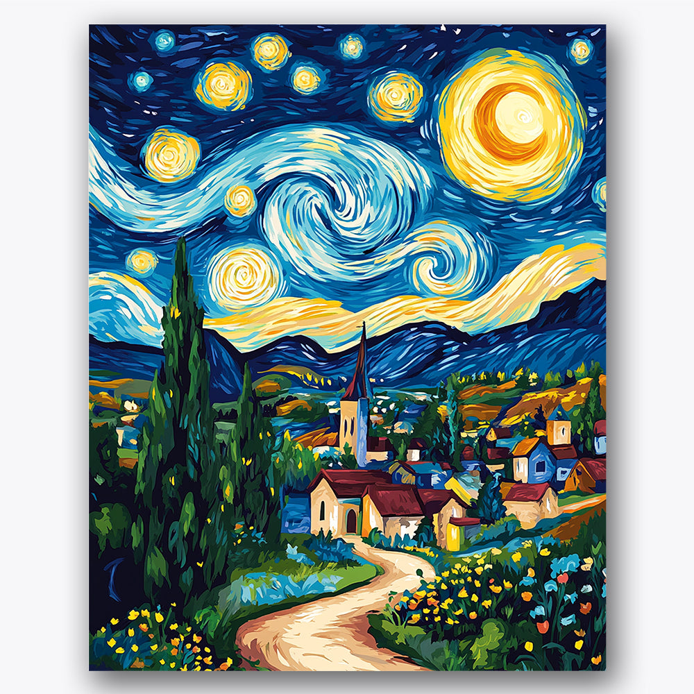 Paint by numbers design of starry sky, village, swirling night sky, village rooftops