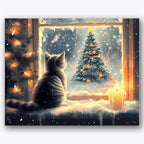 Paint by numbers design of cat, Christmas tree, cat facing window, lit Christmas tree