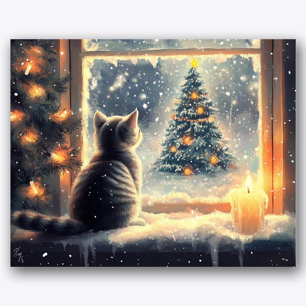 Paint by numbers design of cat, Christmas tree, cat facing window, lit Christmas tree
