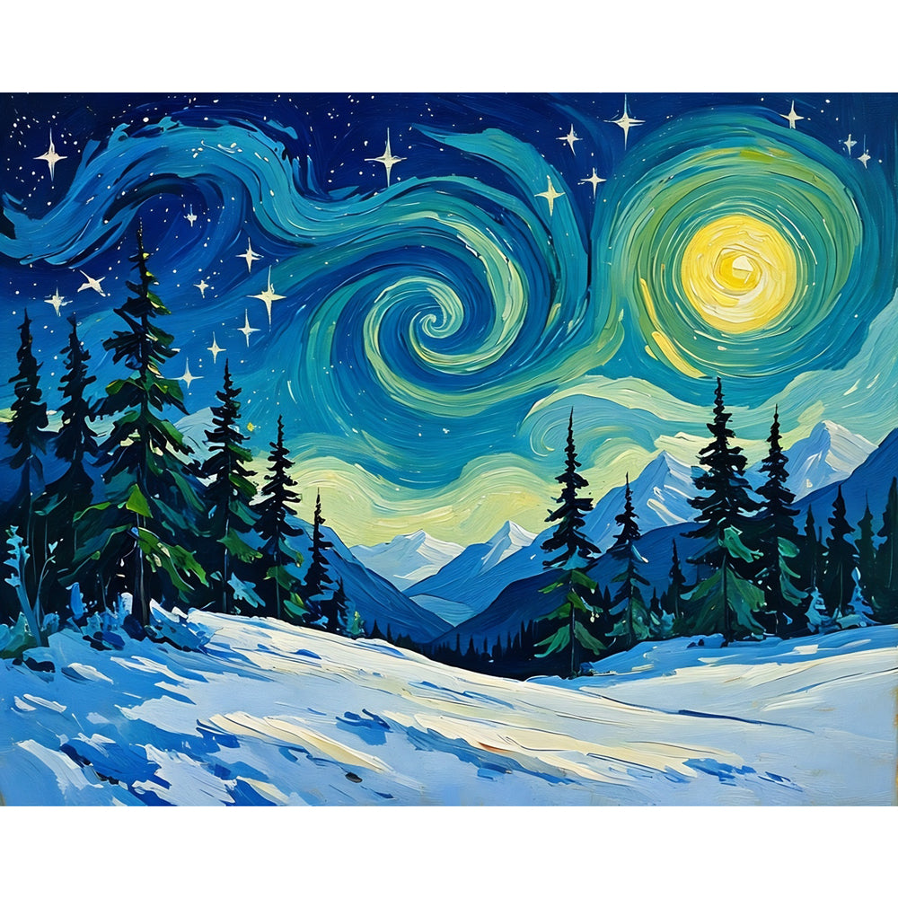 Starry Winter Night Paint by Numbers Kit design preview showing the full artwork layout before painting
