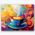 Paint by numbers design of coffee cup, color swirls, steaming coffee swirl, vivid color palette