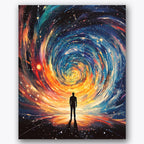 Paint by numbers design of cosmic vortex, silhouetted person, swirling galaxy, silhouetted figure