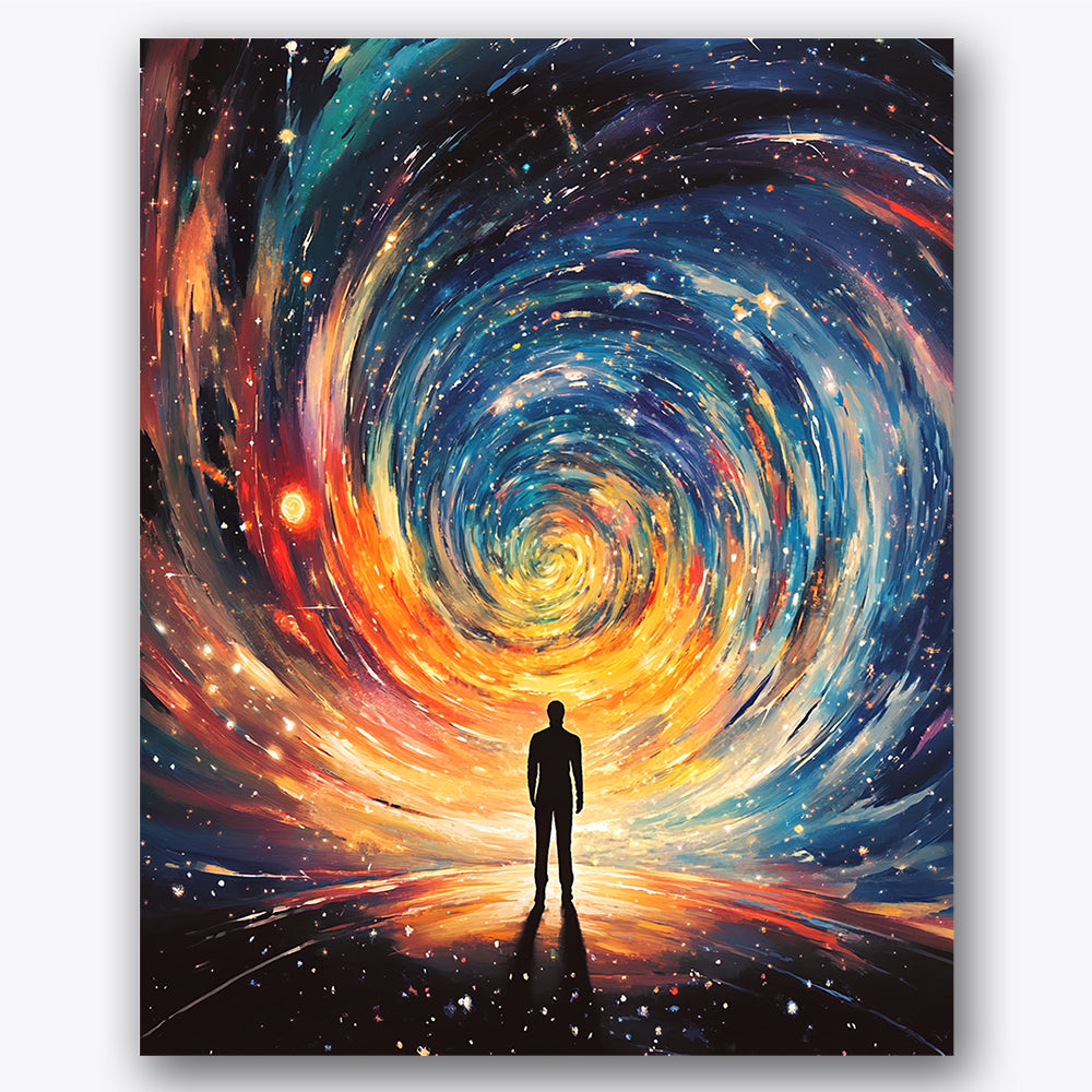 Paint by numbers design of cosmic vortex, silhouetted person, swirling galaxy, silhouetted figure