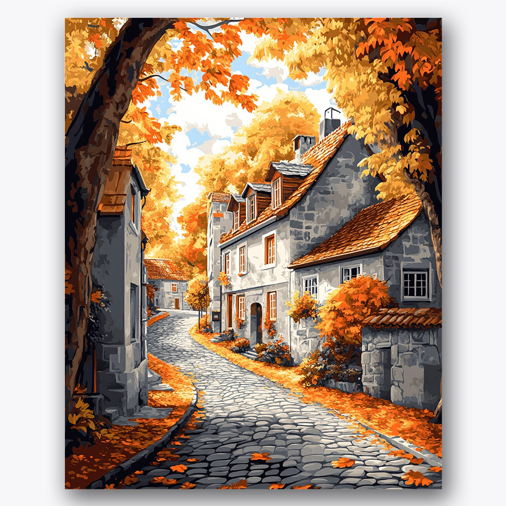Paint by numbers design of cobblestone street, autumn trees, cobblestone path, rustic buildings