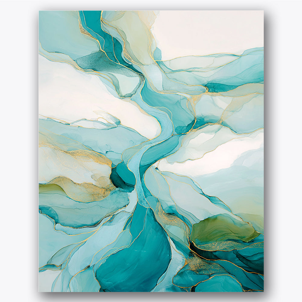 Paint by numbers design of rivers, gold accents, teal and turquoise hues, golden accent lines