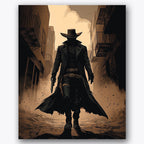 Paint by numbers design of cowboy, western town, long coat and hat, dusty street