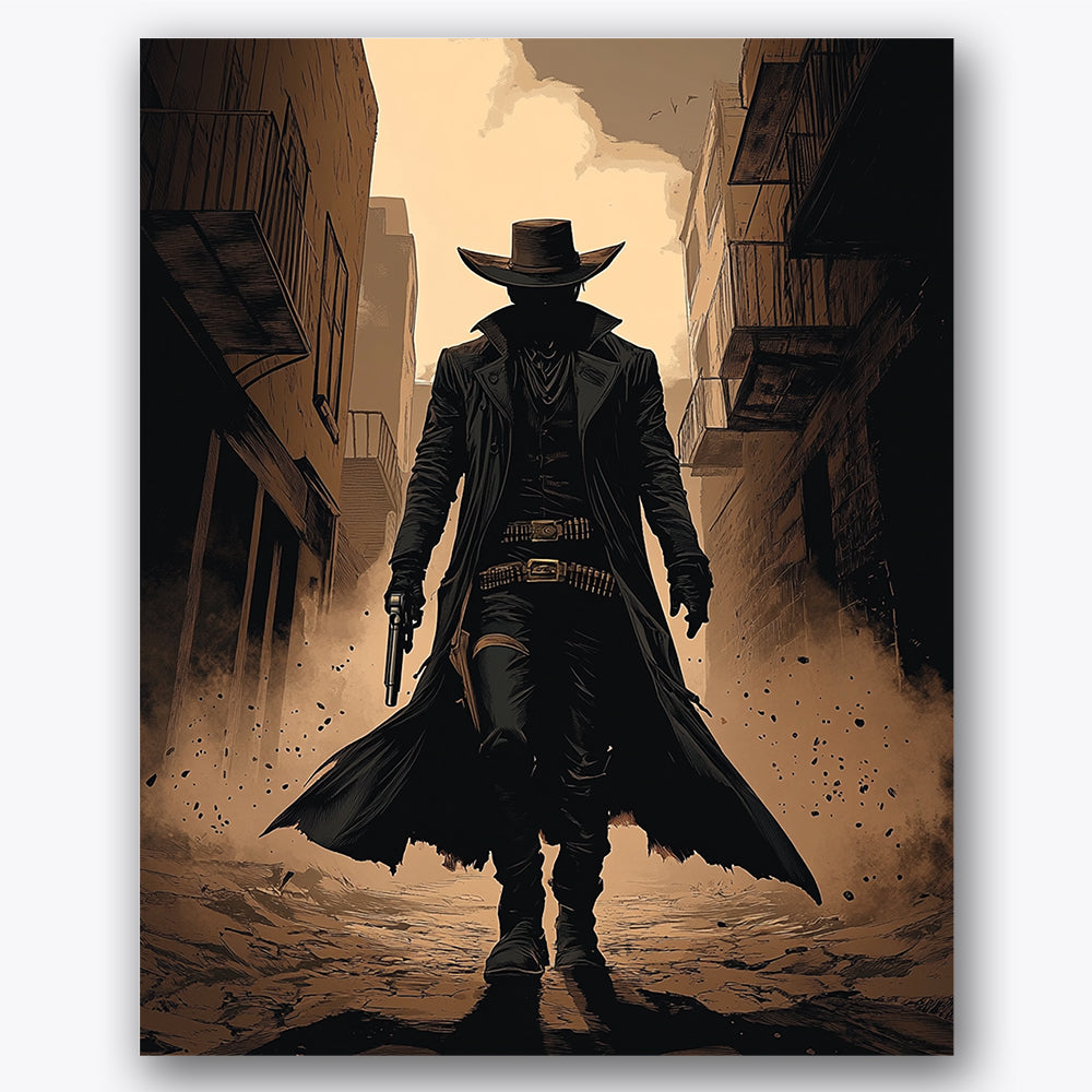 Paint by numbers design of cowboy, western town, long coat and hat, dusty street