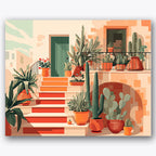 Paint by numbers design of cacti, steps, terracotta pots, green door and railing