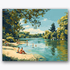 Paint by numbers design of bathers, river, sunlit riverbank, lush green foliage