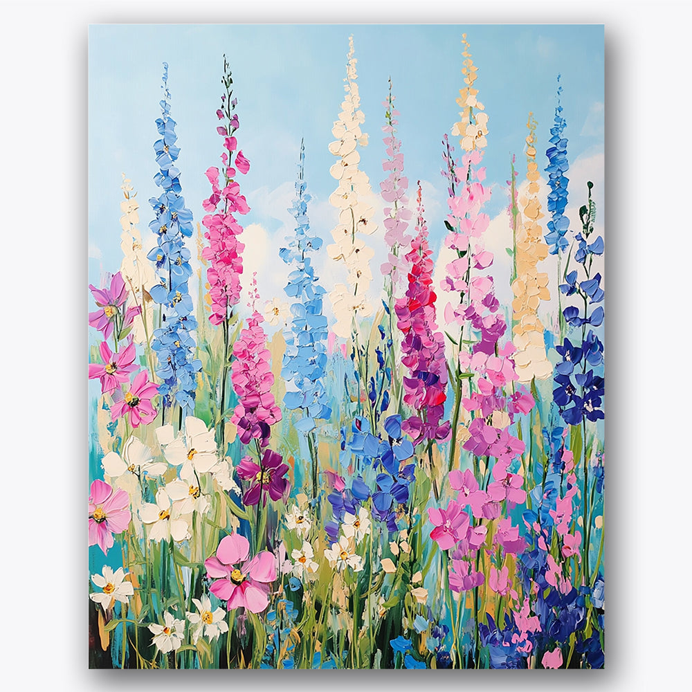 Paint by numbers design of wildflowers, summer meadow, tall blue and pink blooms, lush greenery
