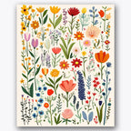 Paint by numbers design of wildflowers, vibrant colors, variety of blooms, soft pastel colors