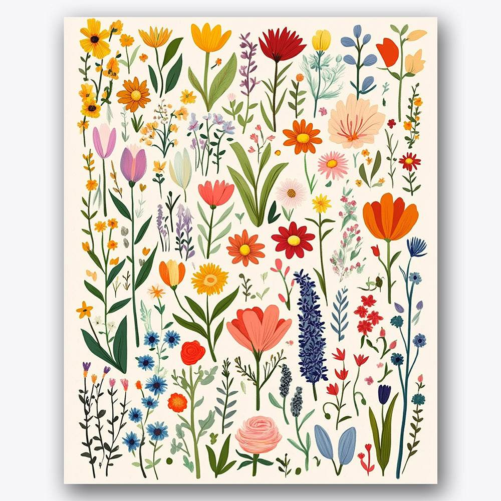 Paint by numbers design of wildflowers, vibrant colors, variety of blooms, soft pastel colors