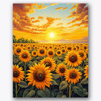 Paint by numbers design of sunflowers, sunset sky, vibrant sunflower field, glowing sunset sky