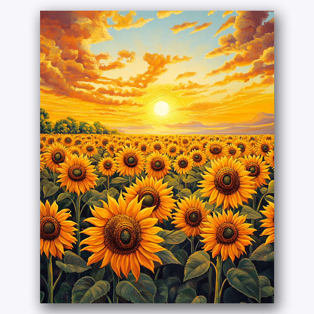 Paint by numbers design of sunflowers, sunset sky, vibrant sunflower field, glowing sunset sky