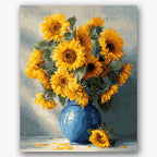 Paint by numbers design of sunflowers, blue vase, vibrant sunflowers, blue ceramic vase