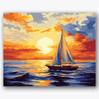 Paint by numbers design of sailboat, sunset, vibrant sunset sky, gentle ocean waves