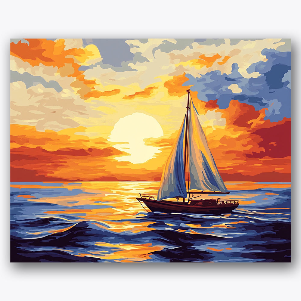 Paint by numbers design of sailboat, sunset, vibrant sunset sky, gentle ocean waves